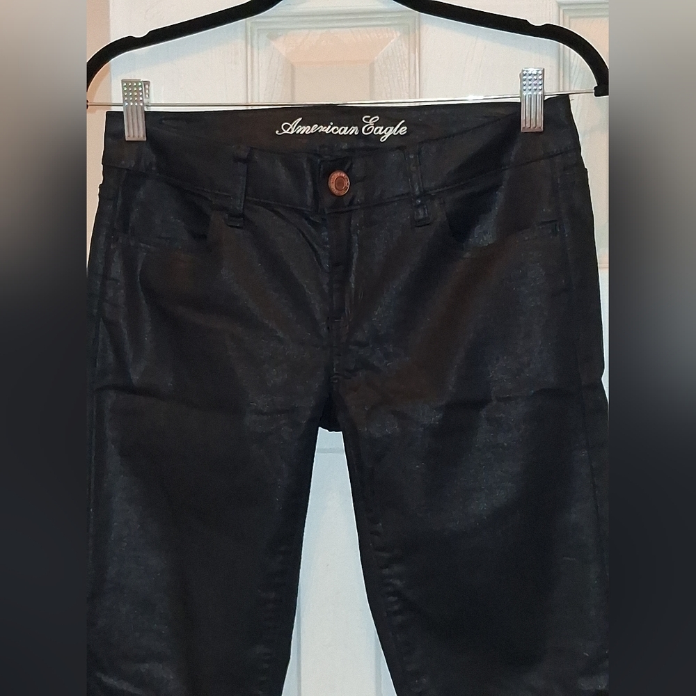 American Eagle Black Coated Skinny Jeans with Copper Button